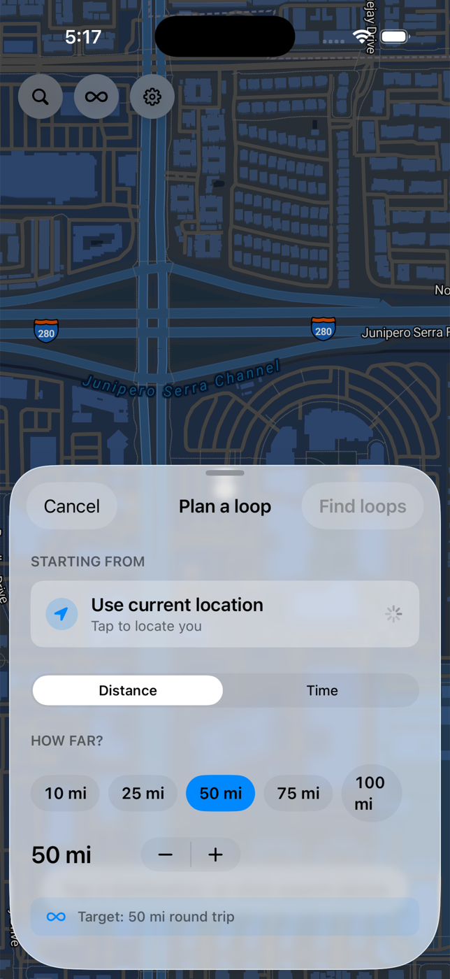 Otherway loop planning sheet over a dark navigation map