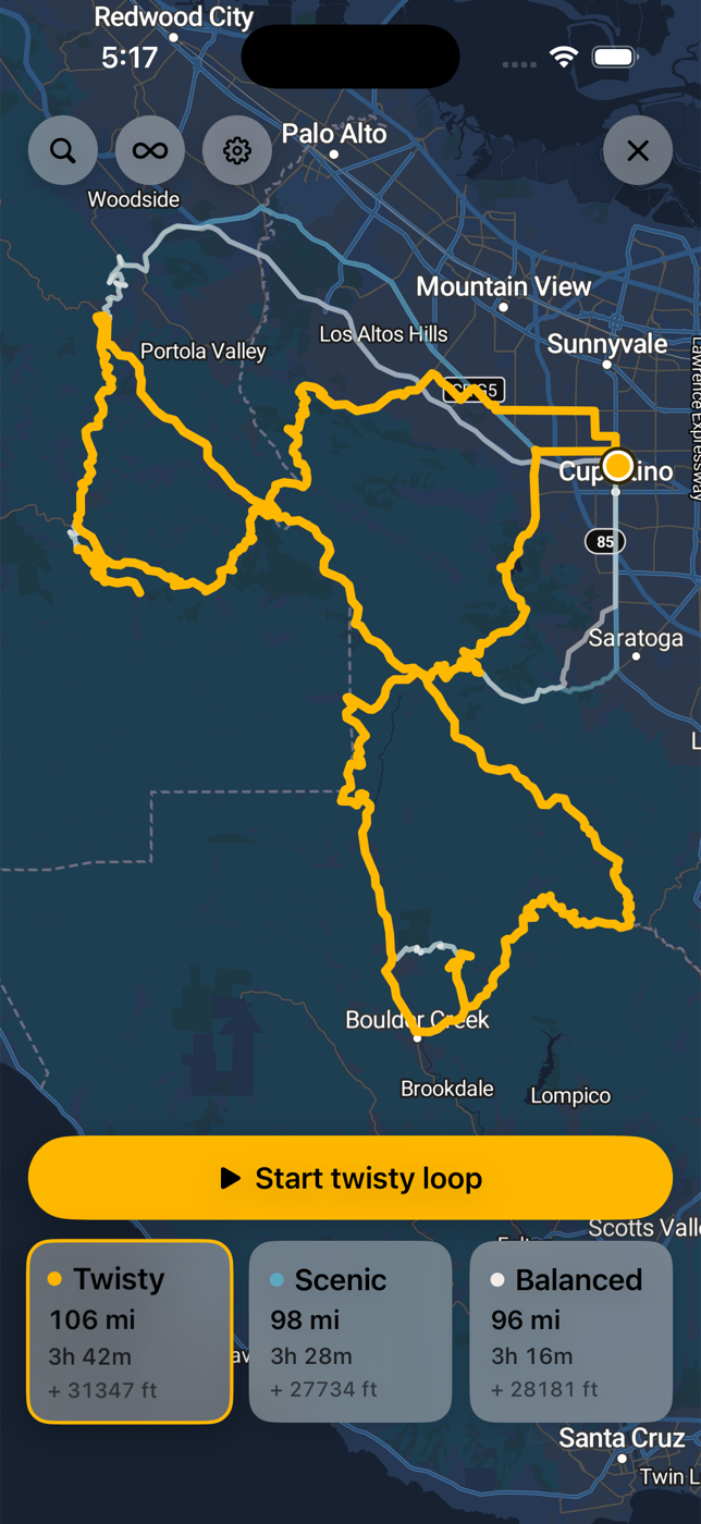 Otherway showing a twisty loop route and route options on the map